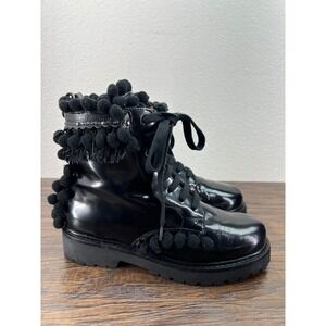 TwinSet Simona Barbieri Pom Pom Fringe Lace Up Combat Leather Boots 37 US 6.5 7